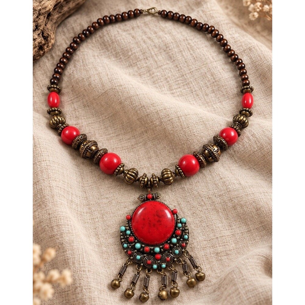 Vintage Boho Tribal Statement Necklace Red Turquoise Beads Bell Pendant
